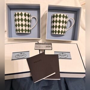 Set of 2 Prada Green White Checkerboard Porcelain Cappuccino Mugs NIB Great Gift